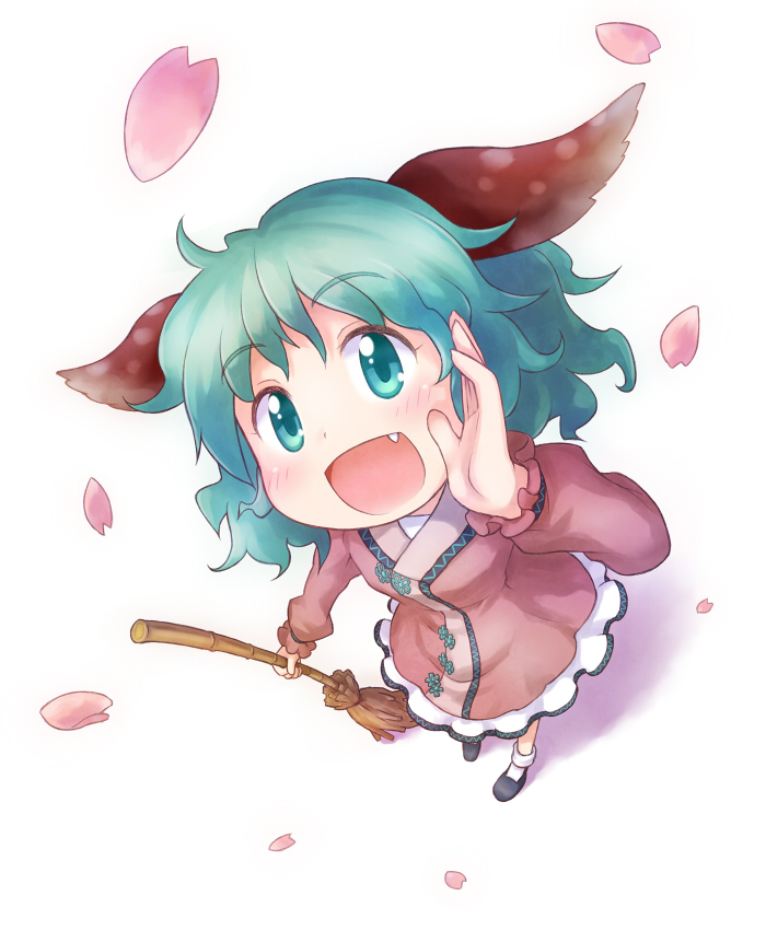 animal_ears bamboo_broom blush broom cherry_blossoms dress fang green_eyes green_hair hand_to_own_mouth kasodani_kyouko kurotama_(avino) looking_at_viewer open_mouth perspective petals pink_dress solo standing touhou