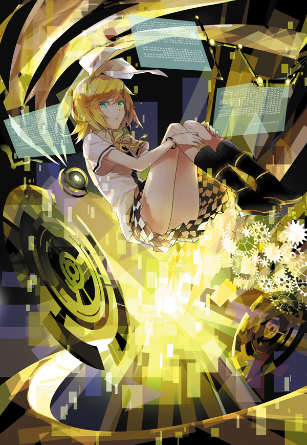 aqua_eyes blonde_hair boots bracelet checkered checkered_skirt fetal_position floating floating_screen hair_ornament hair_ribbon hairclip jewelry kagamine_rin looking_at_viewer rella ribbon short_hair skirt solo tiger_rampage_(vocaloid) vocaloid
