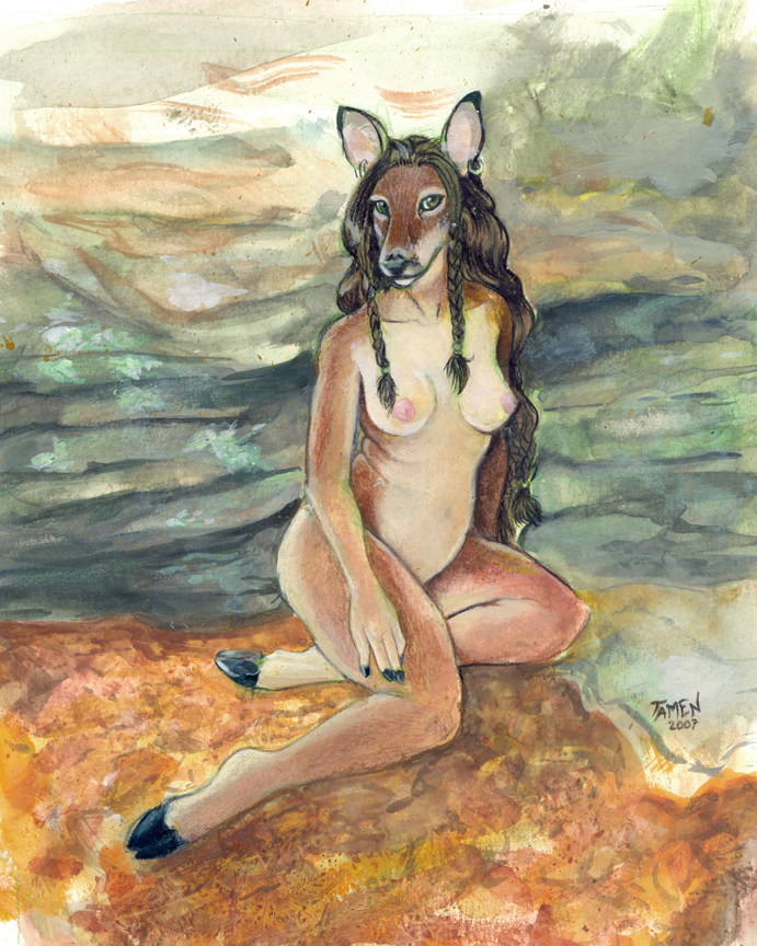 braids breasts cervine deer female green_eyes hooves nude piercing red_dog sitting solo