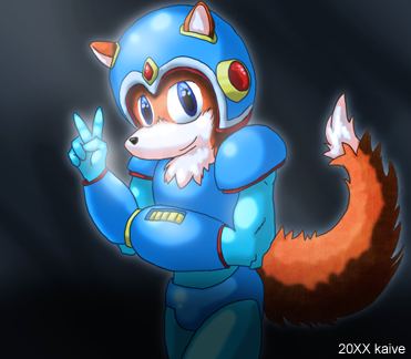 200x 20xx armor bipedal black_background blue_bomber blue_eyes blue_skin canine capcom digital_media_(art) dipstick_tail ears forehead_gem fox front_view fur gradient_background helmet kaive looking_at_viewer low_res male mammal mega_man_(character) mega_man_(series) megaman orange_fur peace plain_background pointy_ears solo standing suit tail three-quarter_portrait v_sign video_games white_markings