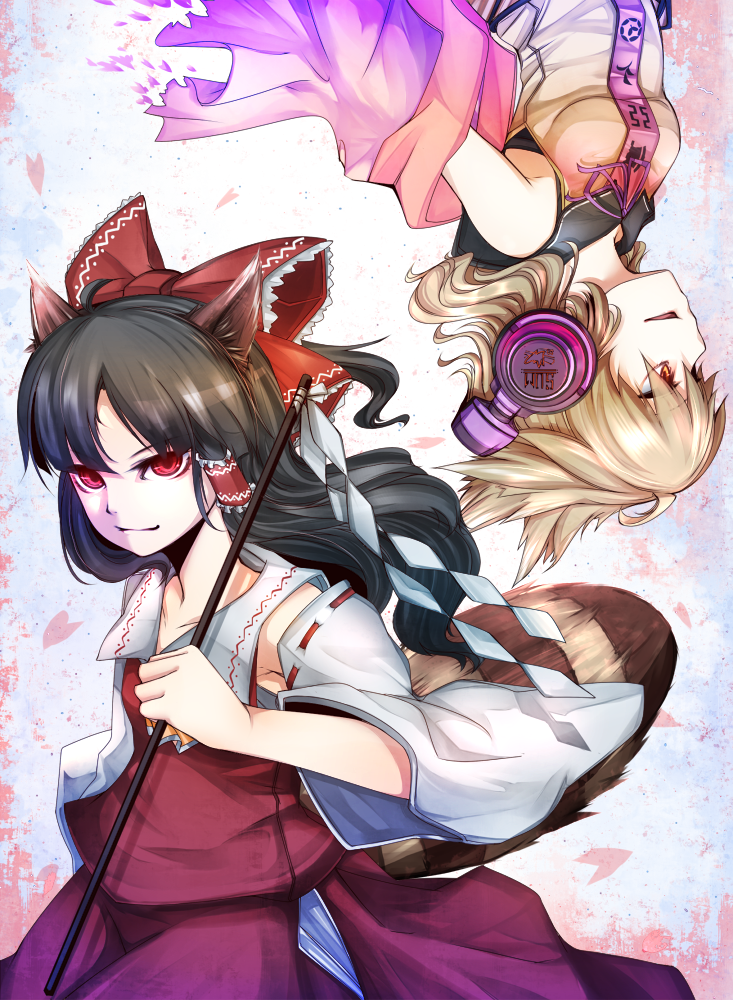 animal_ears bad_id bad_pixiv_id black_hair bow brown_hair cosplay detached_sleeves futatsuiwa_mamizou gohei hair_bow hair_tubes hakurei_reimu hakurei_reimu_(cosplay) headphones japanese_clothes long_hair multiple_girls orange_eyes raccoon_ears raccoon_tail red_eyes sasaoka_tatsu shirt short_hair sleeveless tail touhou toyosatomimi_no_miko upside-down