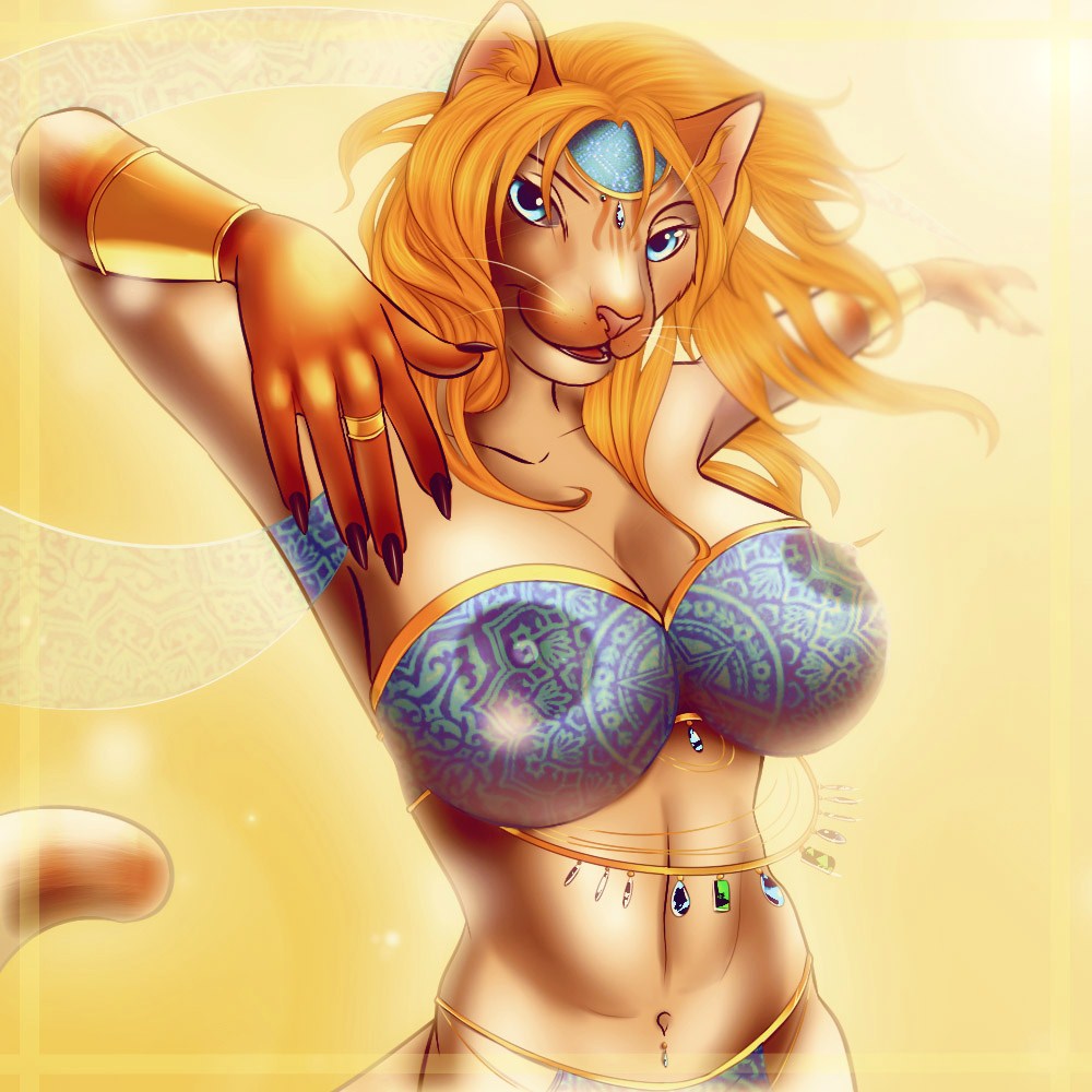 blonde_hair blue_eyes breasts cat clothed clothing dancing feline female hair jewelry mammal nipples orange_hair rafflone see_through skimpy solo translucent whiskers
