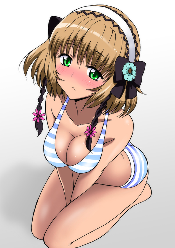 :&lt; beret between_thighs bikini blush braid breasts brown_hair cleavage green_eyes hairband hat leia_rolando long_hair marugoshi_teppei medium_breasts short_hair solo striped striped_bikini swimsuit tales_of_(series) tales_of_xillia v_arms