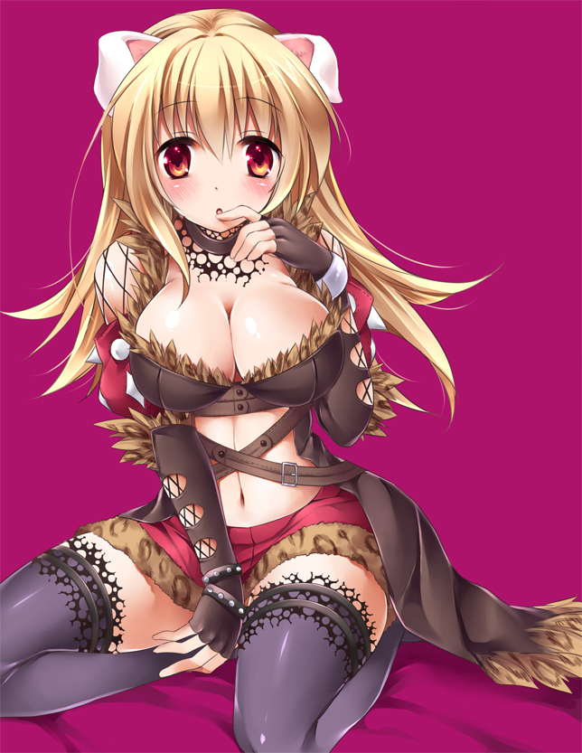 :o alternate_color animal_ears belt black_legwear blonde_hair blush bracelet breasts cleavage elbow_gloves finger_to_mouth fingerless_gloves fishnets garters gloves jewelry large_breasts legs long_hair looking_at_viewer navel orange_eyes ragnarok_online shadow_chaser simple_background sitting solo sorai_shin'ya thighhighs thighs wariza yellow_eyes