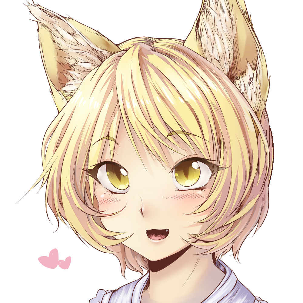 :3 animal_ears bad_id bad_pixiv_id blonde_hair blush close-up face fangs fox_ears geppewi heart looking_up no_hat no_headwear open_mouth short_hair simple_background slit_pupils smile solo touhou upper_body yakumo_ran yellow_eyes