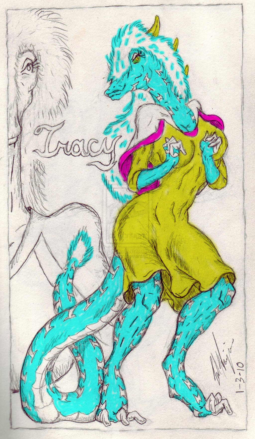 anthro dinosaur dress elguason female green_eyes invalid_tag looking_at_viewer markings parasaurolophus scalie solo tracy