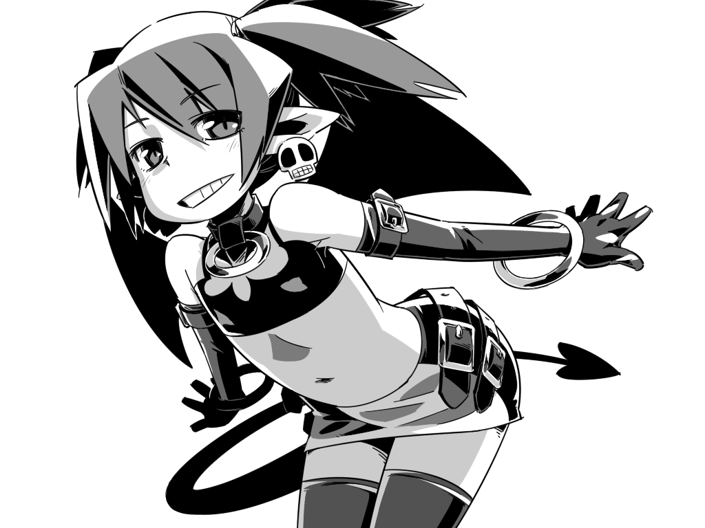 choker disgaea earrings etna flat_chest greyscale grin jewelry midriff miniskirt monochrome navel nemakichi skirt smile solo tail thighhighs twintails wings