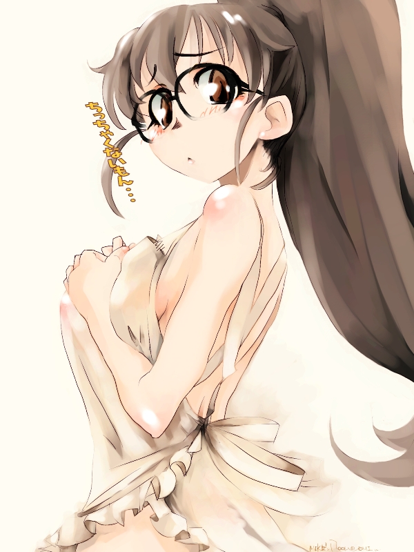apron areolae bad_id bad_pixiv_id bespectacled blush breast_suppress breasts brown_eyes brown_hair glasses large_breasts long_hair looking_back mike156 naked_apron open_mouth ponytail see-through solo taneshima_popura very_long_hair working!!