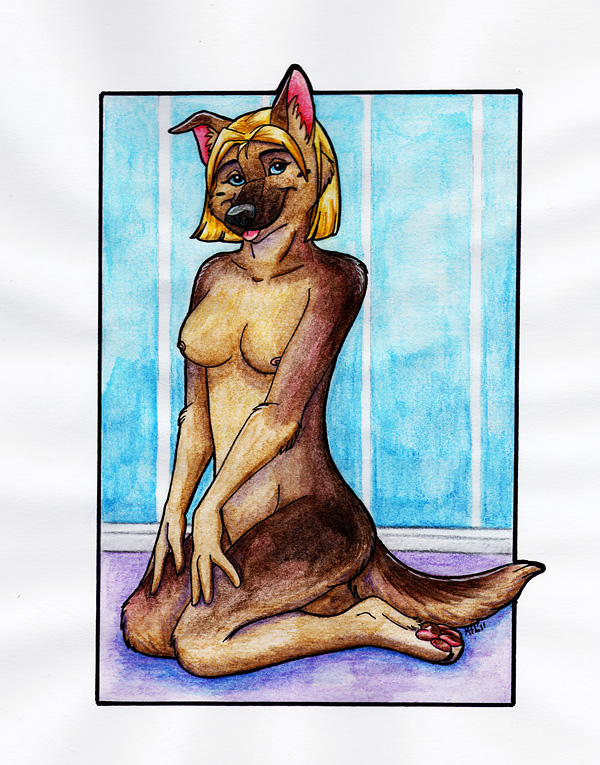 breasts canine dog female german_shepherd hair kneeling mammal nude short_hair solo tail unknown_artist