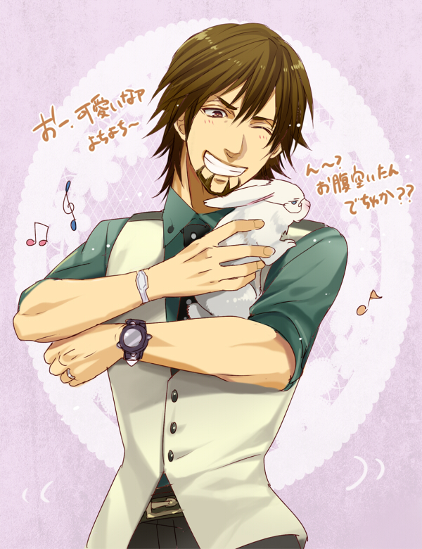 animalization bad_id bad_pixiv_id barnaby_brooks_jr brown_eyes brown_hair bunny facial_hair glasses grin kaburagi_t_kotetsu lovecom male_focus multiple_boys musical_note necktie one_eye_closed smile stubble tiger_&amp;_bunny translation_request vest waistcoat watch wristwatch
