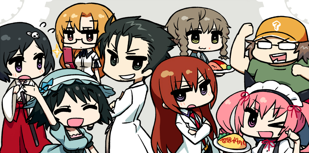 5girls ? akiha_rumiho amane_suzuha animal_ears back-to-back black_hair bow braid brown_hair cat_ears chan_co chibi closed_eyes dress eating everyone fake_animal_ears glasses grin hakama hashida_itaru hat hat_bow japanese_clothes kiryuu_moeka labcoat long_hair maid makise_kurisu multiple_boys multiple_girls necktie okabe_rintarou omelet open_mouth orange_hair pink_hair purple_eyes red_eyes shiina_mayuri shirt short_hair smile steins;gate sweatdrop t-shirt twin_braids twintails urushibara_ruka yellow_eyes