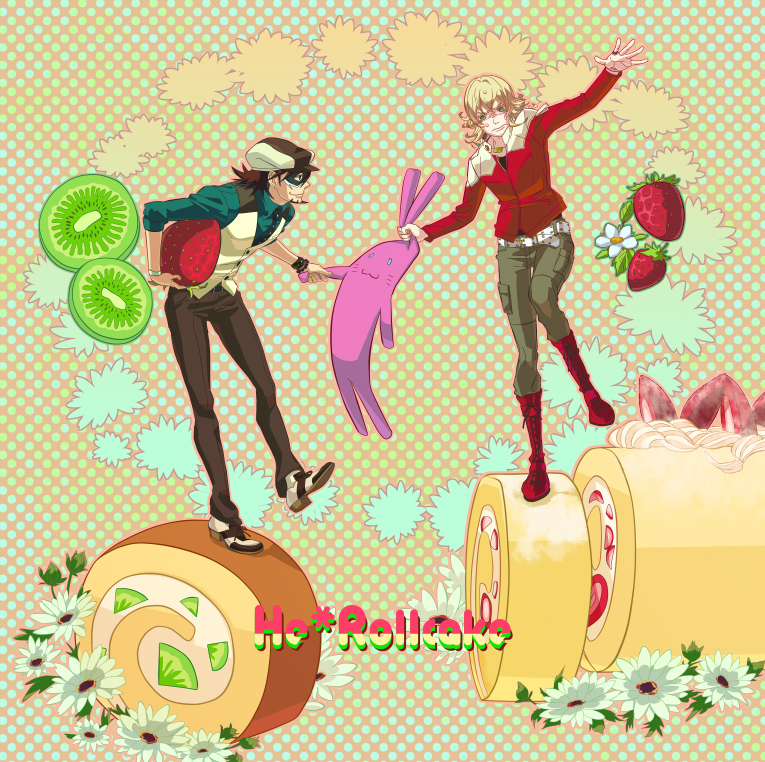 bad_id bad_pixiv_id barnaby_brooks_jr belt blonde_hair boots bracelet brown_eyes brown_hair cabbie_hat cake cppn facial_hair flower food fruit glasses green_eyes hat jacket jewelry kaburagi_t_kotetsu kiwifruit male_focus multiple_boys necklace necktie red_jacket strawberry strawberry_blossoms stubble studded_belt stuffed_animal stuffed_bunny stuffed_toy sweets swiss_roll tiger_&amp;_bunny vest waistcoat watch wristwatch