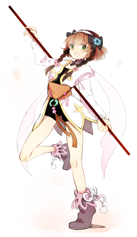 bad_id bad_pixiv_id boots bow braid brown_hair flower full_body green_eyes hair_bow hair_flower hair_ornament headband leia_rolando looking_at_viewer minmin_nemui open_mouth simple_background solo staff standing standing_on_one_leg tales_of_(series) tales_of_xillia twin_braids