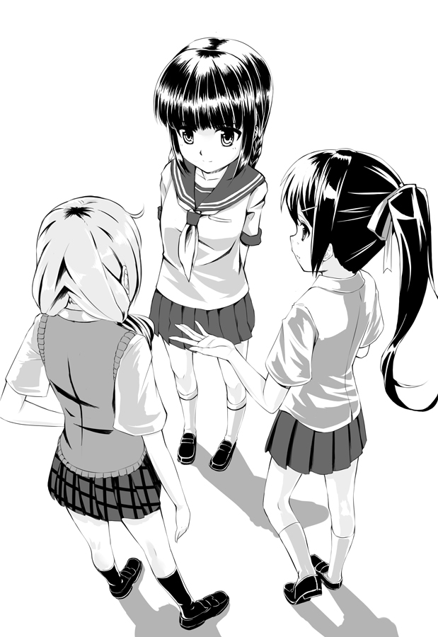 arms_behind_back black_hair greyscale long_hair mizuki_(mizuki_ame) monochrome multiple_girls original ponytail school_uniform serafuku short_hair skirt smile sweater_vest vest