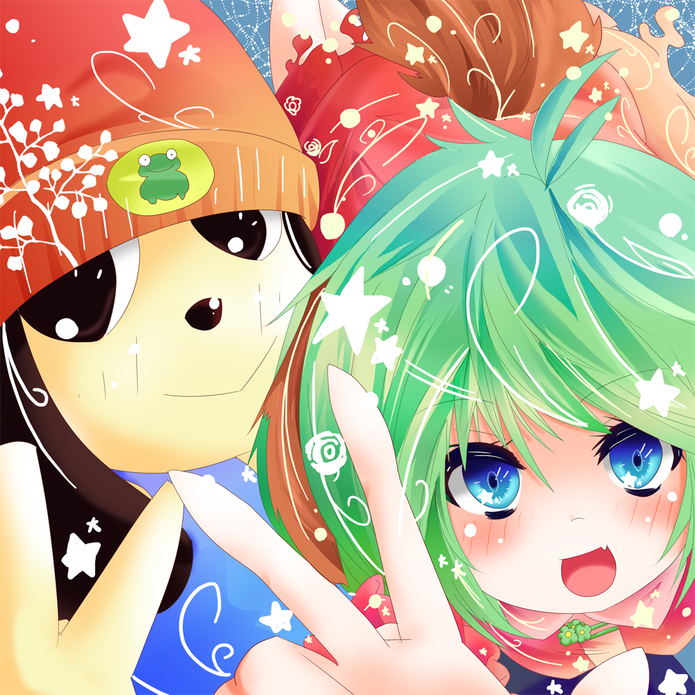 1girl ahoge animal_ears bad_id bad_pixiv_id beanie blue_eyes crossover dog dress fang frog green_hair hat kasodani_kyouko open_mouth parappa parappa_the_rapper shiro_(kiron) short_hair smile tail touhou v