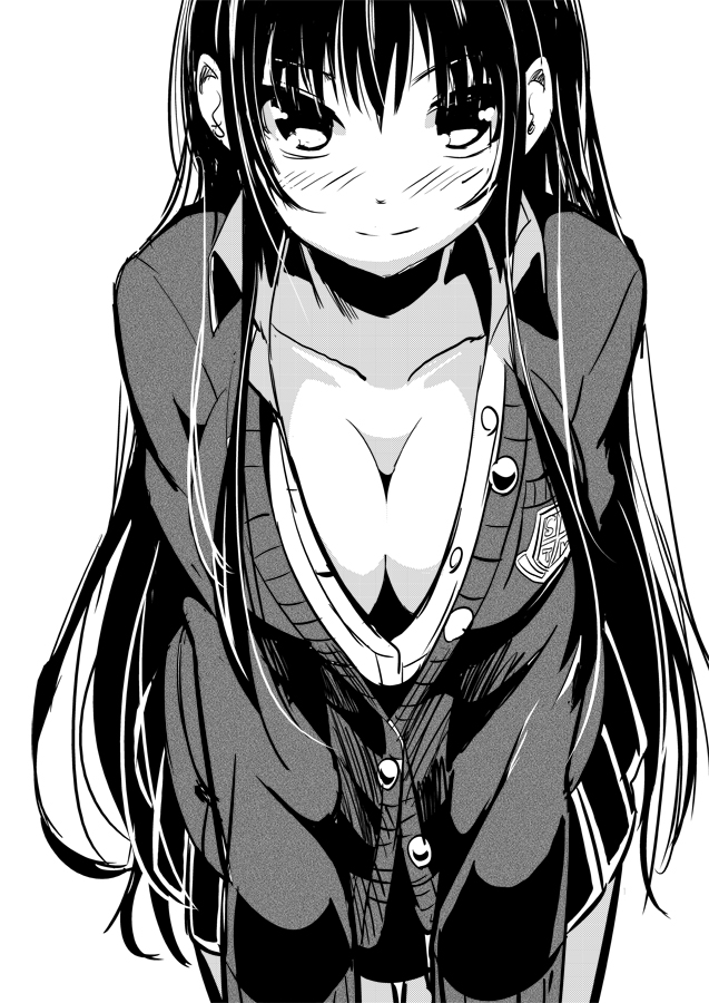 attsun_(atsushi_jb) blush breasts cardigan cleavage downblouse greyscale hanging_breasts large_breasts leaning_forward long_hair monochrome original simple_background solo