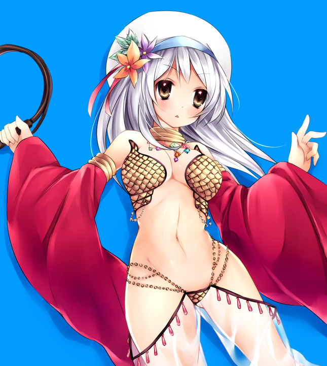bare_shoulders blush breasts brown_eyes cleavage detached_sleeves gypsy_(ragnarok_online) hat jewelry medium_breasts navel necklace ragnarok_online see-through silver_hair simple_background solo sorai_shin'ya whip