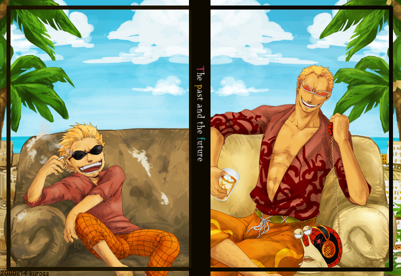 abs bad_id bad_pixiv_id blonde_hair cigarette collarbone donquixote_doflamingo dual_persona glass male_focus one_piece open_clothes open_shirt palm_tree shirt short_hair skytravels smile smoking sunglasses tree watermark younger