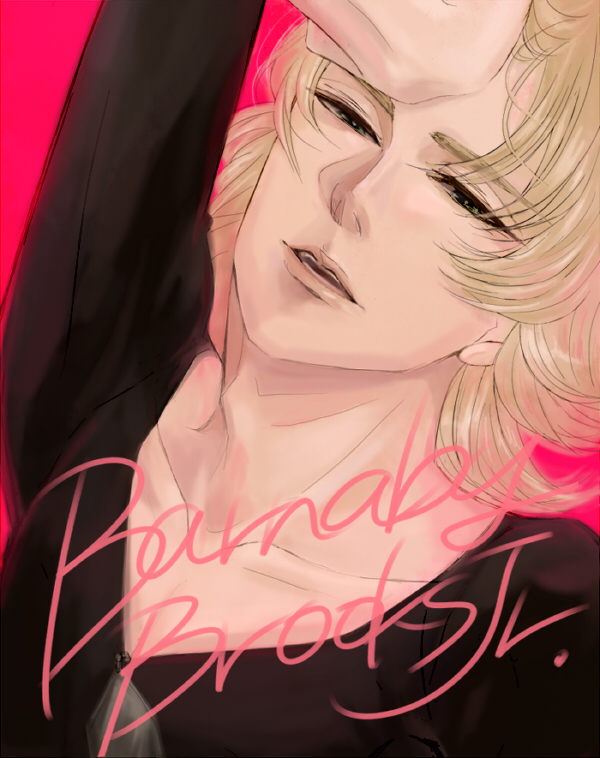 barnaby_brooks_jr blonde_hair eyewear_removed glasses green_eyes kinofuyu male_focus md5_mismatch solo tiger_&amp;_bunny v-neck