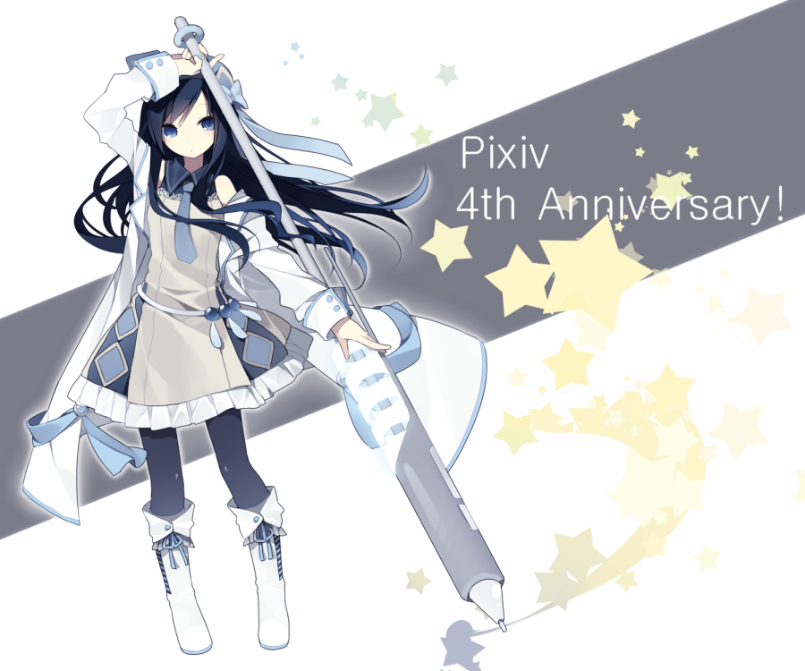 anniversary arm_up black_hair blue_eyes boots bow dress fighting_stance hair_bow hijiri_(resetter) jacket necktie pantyhose pen pixiv pixiv-tan solo staff star