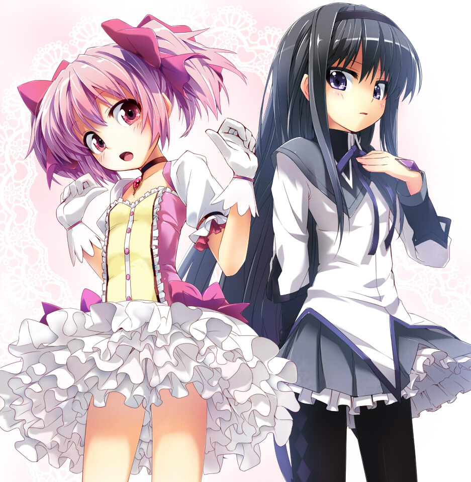 :o akemi_homura argyle argyle_legwear arm_behind_back black_hair blush bow brooch choker flat_chest frills gathers gloves grune hair_bow hairband hand_on_own_chest jewelry kaname_madoka long_hair long_sleeves looking_at_viewer magical_girl mahou_shoujo_madoka_magica multiple_girls neck_ribbon open_mouth pantyhose petticoat pink_eyes pink_hair purple_eyes ribbon ribbon_choker short_hair short_over_long_sleeves short_sleeves short_twintails skirt soul_gem twintails very_long_hair