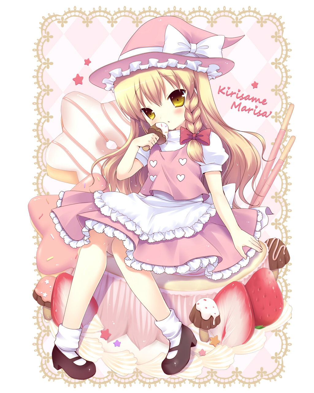 blush bow braid candy chocolate cookie english female food fruit hair_bow hair_ribbon hat highres kirisame_marisa lolita_fashion long_hair mary_janes mushroom open_mouth ribbon shoes single_braid sitting solo strawberry suama sweet_lolita touhou witch witch_hat yellow_eyes