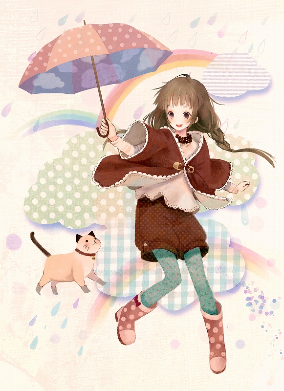 blush boots braid brown_eyes brown_hair cat cloud collar jewelry long_hair necklace open_mouth original pantyhose rainbow rubber_boots safety_pin shorts siro smile solo twin_braids twintails umbrella