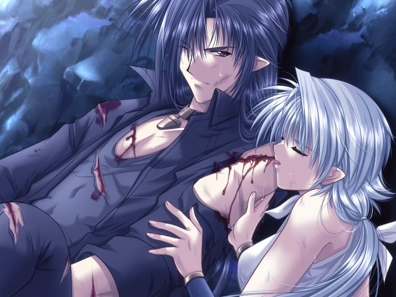 1girl arm_grab bare_shoulders black_hair blood choker closed_eyes game_cg injury jem_(maou_no_musume-tachi) licking lying maou_amon maou_no_musume-tachi night one_eye_closed pointy_ears ponytail silver_hair stone torn_clothes yamamoto_kazue