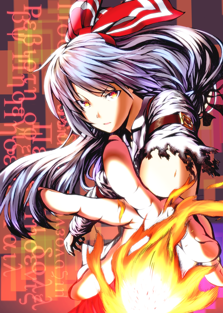 blew_andwhite bow close-up colorized fingernails fire foreshortening fujiwara_no_mokou greek hair_bow hands highres long_hair multicolored multicolored_eyes outstretched_hand perspective red_eyes serious silver_hair solo torn_clothes touhou translation_request very_long_hair yellow_eyes