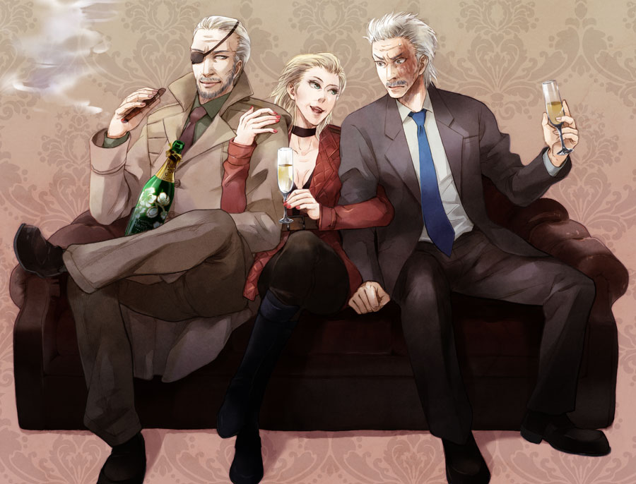 2boys alcohol big_boss big_mama breasts cigar cleavage couch crossed_legs eyepatch family father_and_son formal hal_akane husband_and_wife locked_arms medium_breasts metal_gear_(series) metal_gear_solid metal_gear_solid_4 mother_and_son multiple_boys necktie old_man old_snake old_woman scar sitting solid_snake suit trench_coat