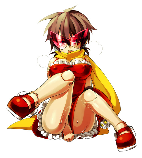 android bad_id bad_pixiv_id blue_eyes blues_(rockman) blush breasts brown_hair cleavage cosplay covered_nipples covering dress earrings genderswap genderswap_(mtf) jewelry large_breasts red_skirt robot_joints rockman rockman_(classic) roll roll_(cosplay) scarf short_hair sitting sketch skirt solo sunglasses sweatdrop zakki