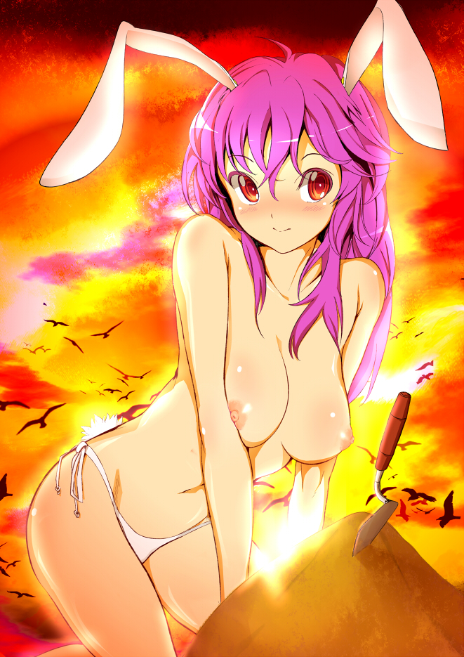 animal_ears bad_id bad_pixiv_id bikini bird blush breasts bunny_ears kneeling large_breasts long_hair navel nipples pink_hair red_eyes reisen_udongein_inaba reri sand side-tie_bikini smile solo sunset swimsuit topless touhou trowel