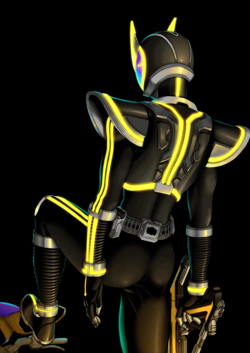 armor ass back belt from_behind glowing gun highres kamen_rider kamen_rider_555 kamen_rider_kaixa male_focus skin_tight solaris solo weapon