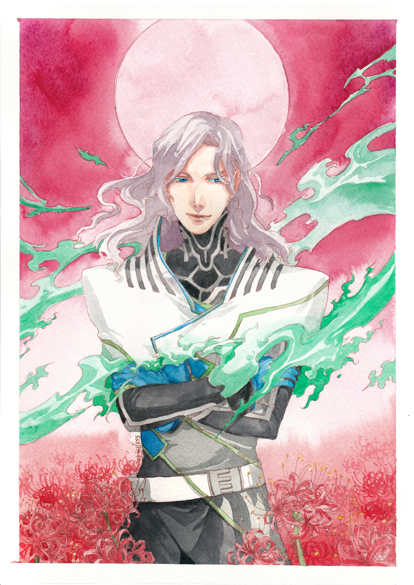 blue_eyes cape email555 fire flower full_moon green_fire grey_hair long_hair lunatic_(tiger_&amp;_bunny) male_focus millipen_(medium) moon red_moon solo spider_lily superhero tiger_&amp;_bunny traditional_media watercolor_(medium) yuri_petrov
