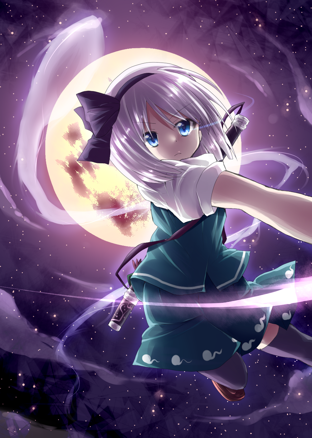 bad_id bad_pixiv_id blue_eyes full_moon highres hitodama konpaku_youmu konpaku_youmu_(ghost) miyaoi moon sheath sheathed silver_hair skirt solo star thighhighs touhou