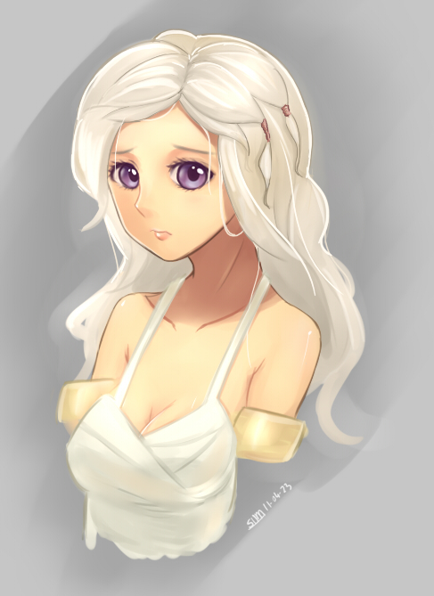 a_song_of_ice_and_fire armlet bare_shoulders blush breasts cleavage daenerys_targaryen dress game_of_thrones long_hair medium_breasts purple_eyes signature solo sumtj upper_body white_hair
