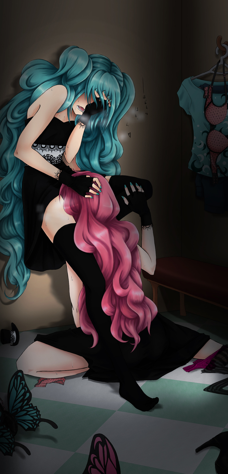 aqua_hair bad_id bad_pixiv_id black_dress black_legwear bra bug butterfly clothes_hanger cunnilingus dress drooling fingerless_gloves fingernails gloves hand_on_head hand_on_own_face hatsune_miku highres insect long_hair magnet_(vocaloid) megurine_luka multiple_girls nail_polish oral pink_hair standing standing_on_one_leg thighhighs twintails underwear very_long_hair vocaloid yaya_(y8ay8a) yuri