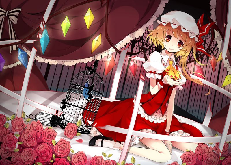 ascot bad_id bad_pixiv_id birdcage blonde_hair bobby_socks bow bug butterfly cage dress flandre_scarlet flower frills glowing glowing_wings hana's_(sora_no_kioku) hat hat_bow insect jpeg_artifacts pink_flower pink_rose red_eyes rose sitting smile socks solo touhou wariza wings wrist_cuffs