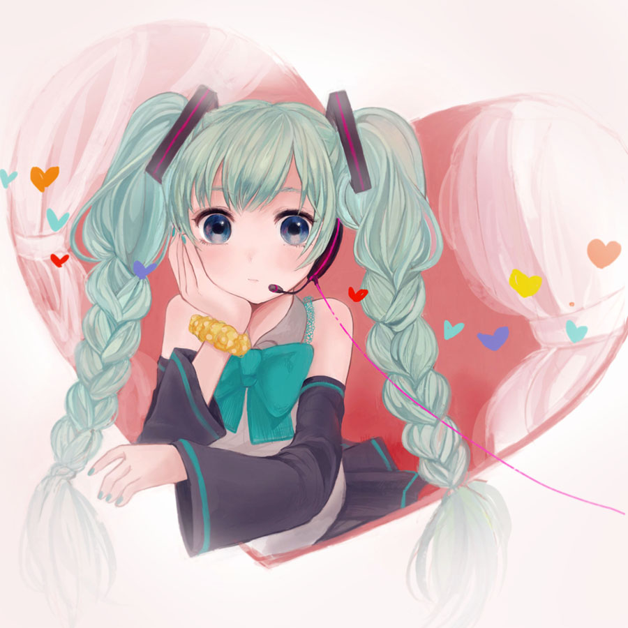 alternate_hairstyle bad_id bad_pixiv_id blush bow braid detached_sleeves fly_(marguerite) hair_bow hatsune_miku headset heart long_hair solo twin_braids twintails vocaloid