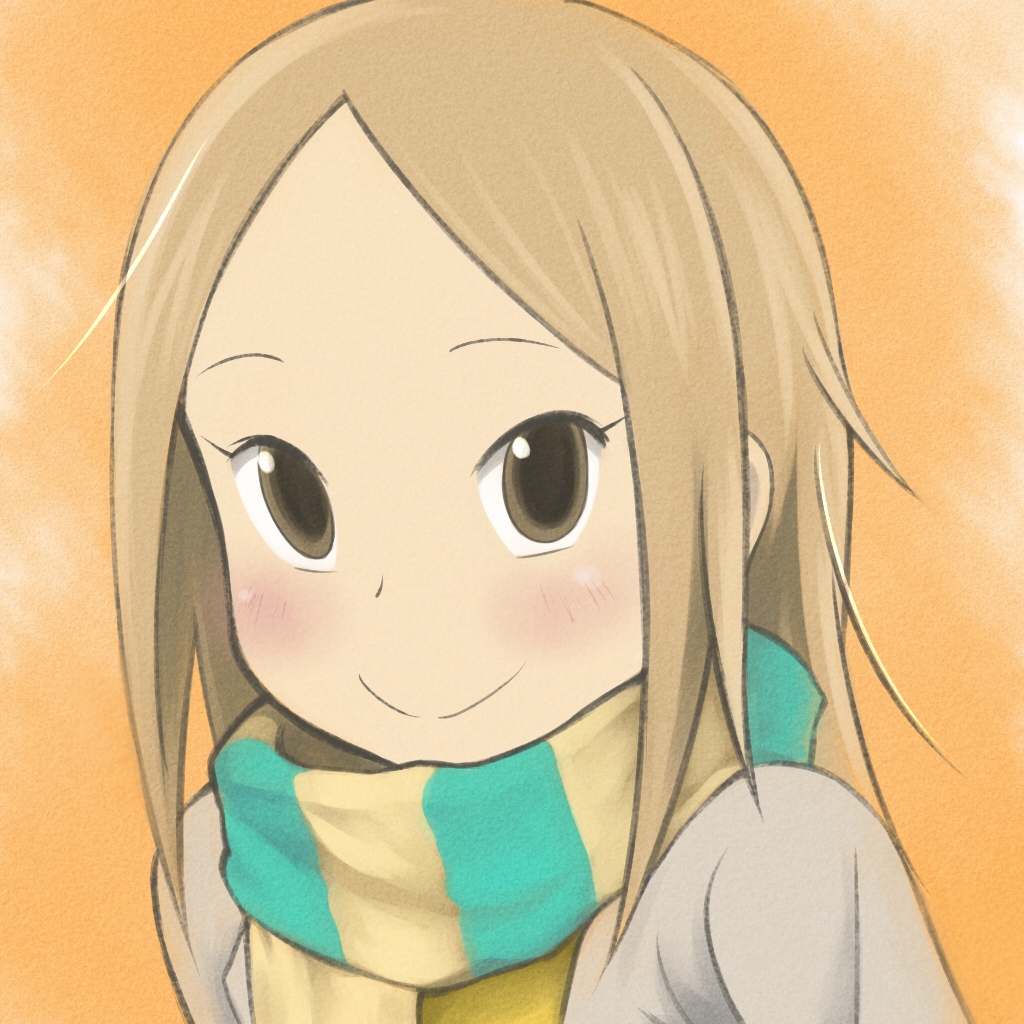 brown_eyes closed_mouth face kaga_rin light_brown_hair long_hair looking_at_viewer orange_(color) orange_background otosama scarf smile solo striped striped_scarf upper_body usagi_drop