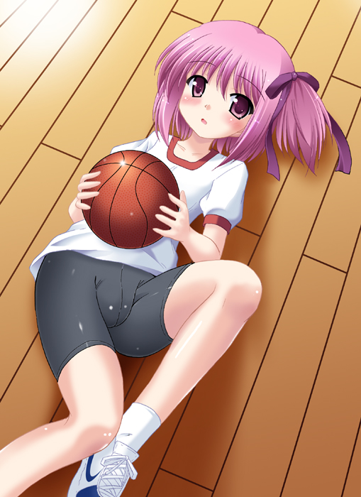 basketball bike_shorts blush gym_uniform lying minato_tomoka purple_eyes purple_hair ribbon rou-kyuu-bu! short_hair shorts side_ponytail solo suzumiya_kazuki