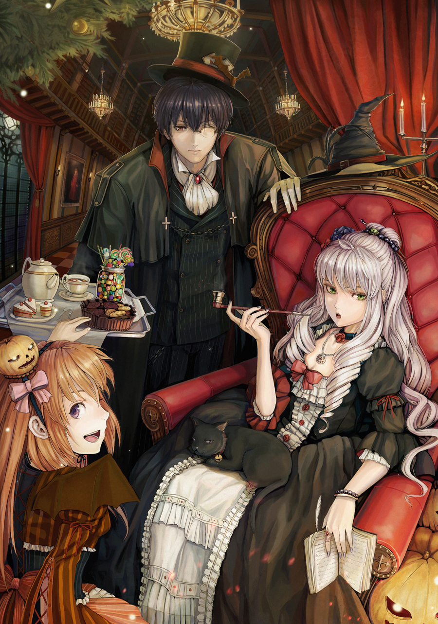 2girls bad_id bad_pixiv_id book bow dress drill_hair green_eyes hair_bow halloween hat highres hwansang jack-o'-lantern kiseru long_hair multiple_girls orange_hair original pipe pumpkin purple_eyes silver_hair top_hat victorian witch_hat