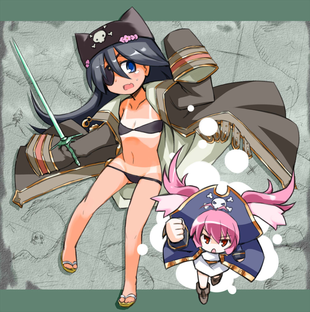 blue_eyes blue_hair boots captain_vanilla embarrassed eyepatch gloves hat jacket kugelschreiber multiple_girls onoha_mespos pink_hair pirate_hat rance_(series) rance_quest sandals skull_and_crossbones swimsuit sword tan tanline twintails weapon