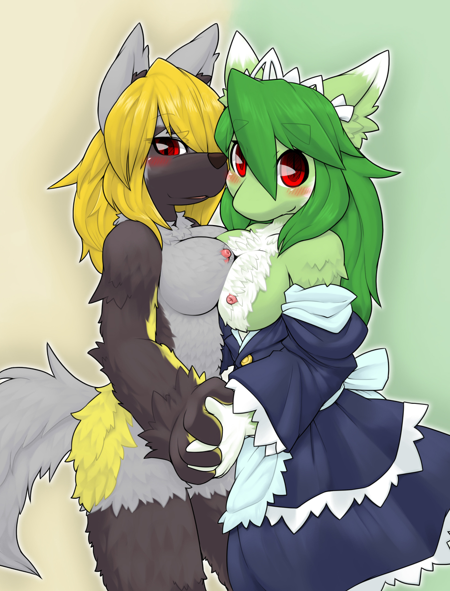 ?? blonde_hair blush boob_squish breast_squish breasts breasts_frottage canine clothed clothing dragon dress duo exposed female fluffy green_hair hair hand_holding kame_3 lesbian looking_at_viewer mammal nipples private red_eyes simple_background smile wolf