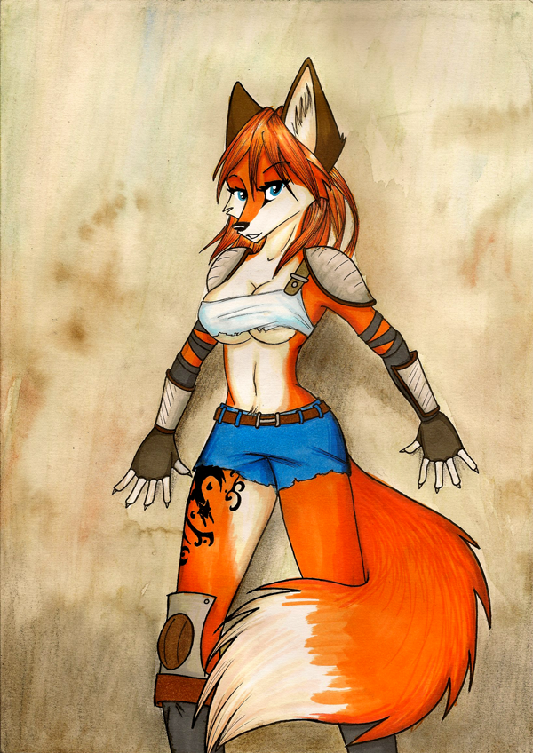 breasts canine clothed clothing female fox foxinshadow hair looking_at_viewer mammal red_hair skimpy solo standing unconvincing_armor zero-sum