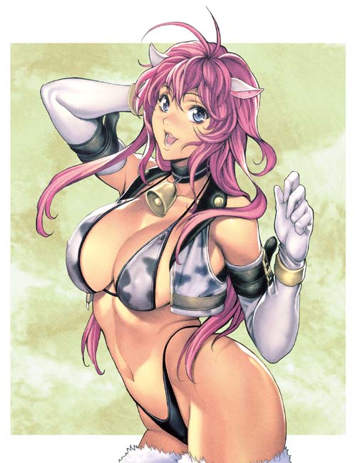 animal_ears animal_print bell bell_collar bikini blush breasts cleavage collar cow_ears cow_girl cow_print elbow_gloves gloves highleg highleg_bikini highleg_swimsuit homare_(fool's_art) large_breasts long_hair looking_at_viewer navel open_mouth original pink_hair solo swimsuit