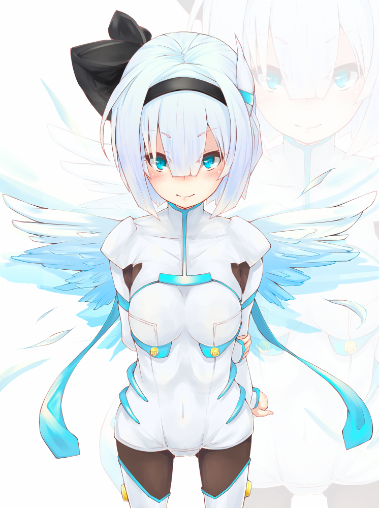 aiya alternate_costume bad_id bad_pixiv_id black_hairband blue_eyes cosplay djibril_spica djibril_spica_(cosplay) hairband konpaku_youmu makai_tenshi_djibril makai_tenshi_djibril_4 pantyhose pilot_suit short_hair silver_hair solo swimsuit swimsuit_costume touhou wings zoom_layer