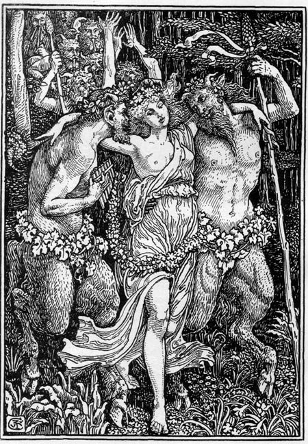 nymph nymph_between_two_satyrs_(woodcut) proper_art satyr the_faerie_queene walter_crane woodcarving