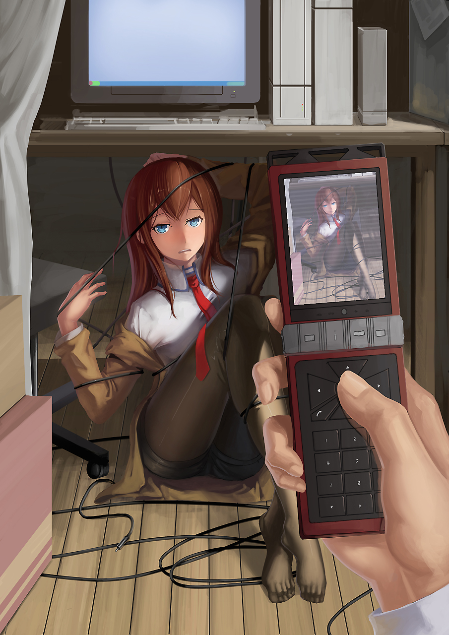 arm_behind_head arm_up black_legwear blue_eyes blush brown_hair cable caught cellphone cellphone_camera cellphone_picture computer entangled highres jacket legwear_under_shorts long_hair majicjiang makise_kurisu monitor necktie open_mouth pantyhose phone pov recording red_neckwear shorts steins;gate windows_xp x68000 you're_doing_it_wrong