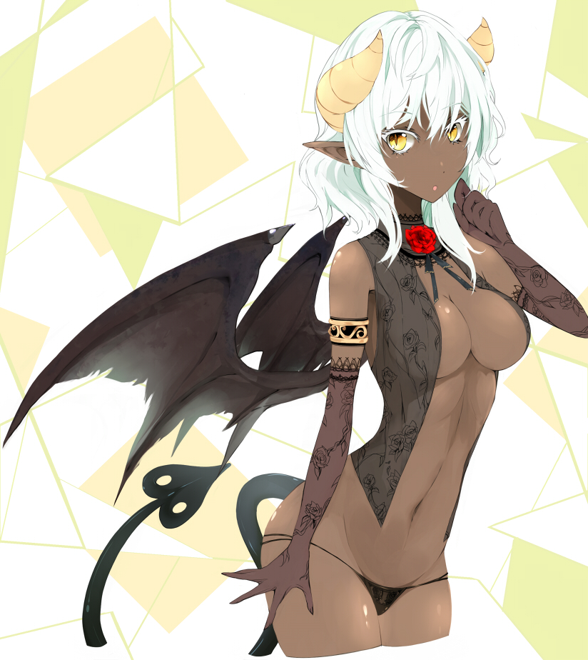 :o armlet bad_id bad_pixiv_id breasts colored_eyelashes cropped_legs dark_skin demon_girl demon_tail demon_wings elbow_gloves gloves horns large_breasts long_hair navel original pointy_ears slender slit_pupils solo string_panties succubus tail takaharu white_hair wings yellow_eyes